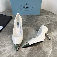 PRADA 25S METAL-CAPPED POINTED-TOE HIGH HEELS IN WHITE CALFSKIN