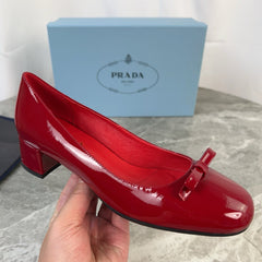 PRADA 25S LOW HEELS SLIP ON BOW 45MM IN DARK WINE RED GLOSSY CALFSKIN