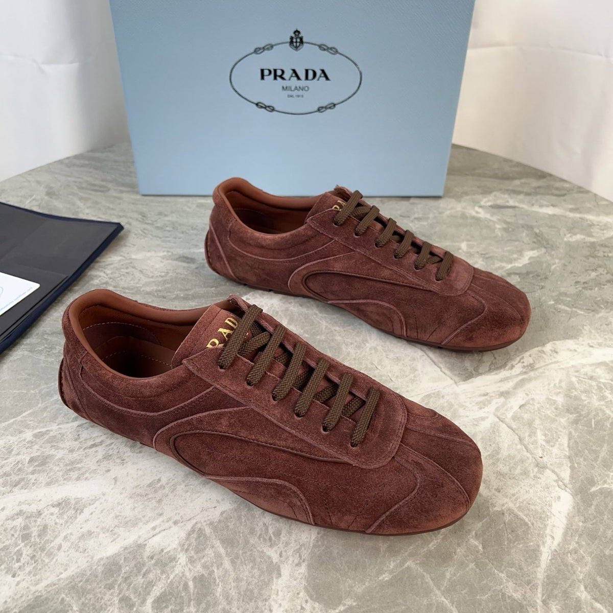 PRADA 25S MONTECARLO ANTIQUED SNEAKERS IN MAHOGANY BROWN SUEDE