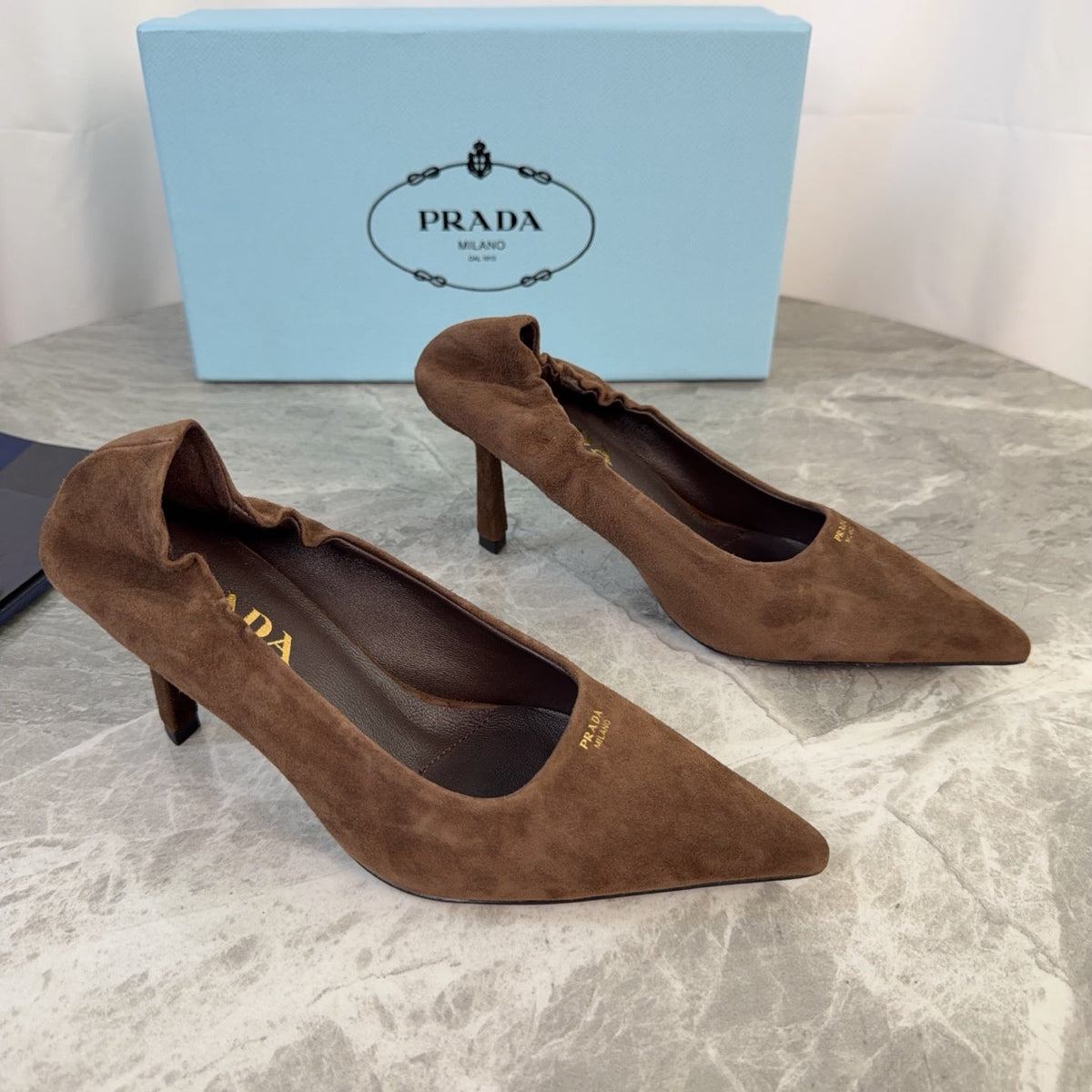 PRADA 25S HIGH HEELS 75 MM IN DARK BROWN SUEDE