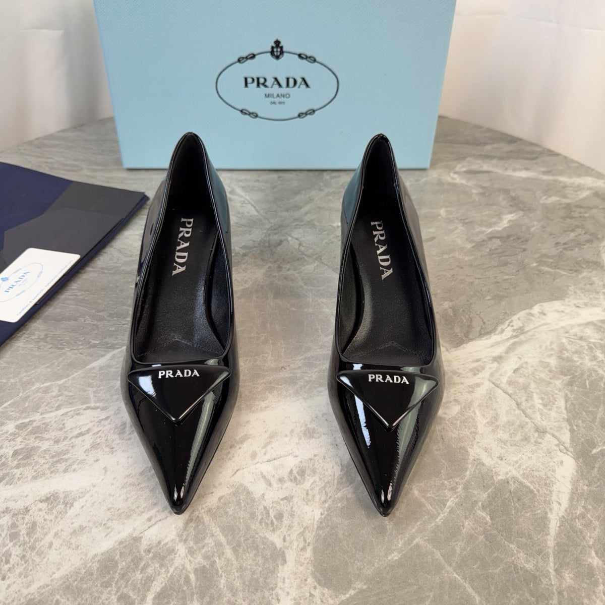 PRADA 25S POINTED-TOE HIGH HEELS 55 MM IN BLACK GLOSSY LAMBSKIN
