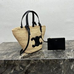 CELINE 25S TEEN BAG 22 IN NATURAL MIX BLACK RAFFIA CALFSKIN SHOULDER STRAP