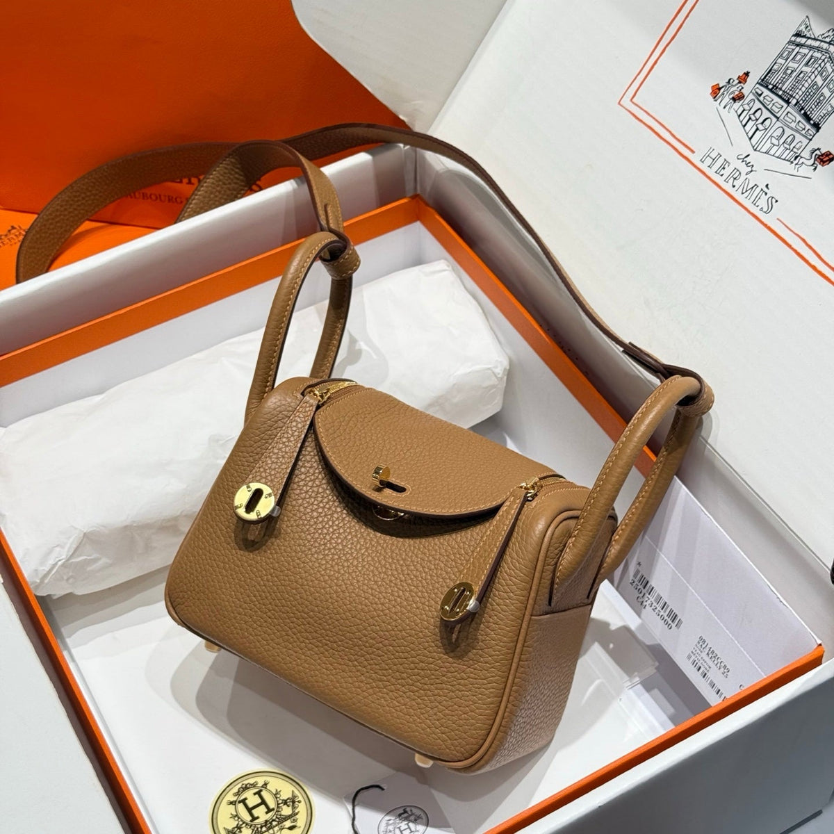 HERMES 25S MINI LINDY 19 IN BROWN CALFSKIN GOLD HARDWARE