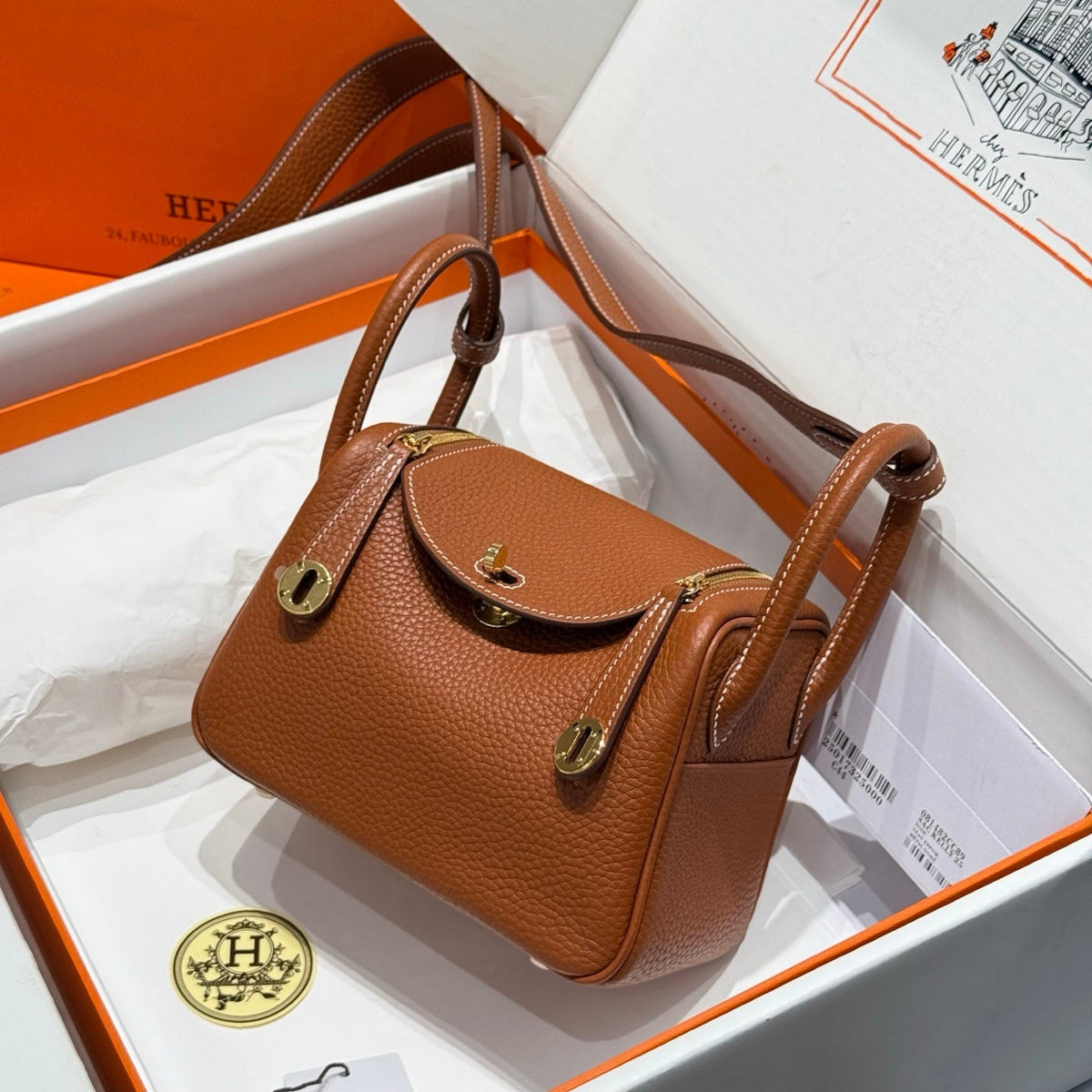 HERMES 25S MINI LINDY 19 IN BURNT ORANGE CALFSKIN GOLD HARDWARE
