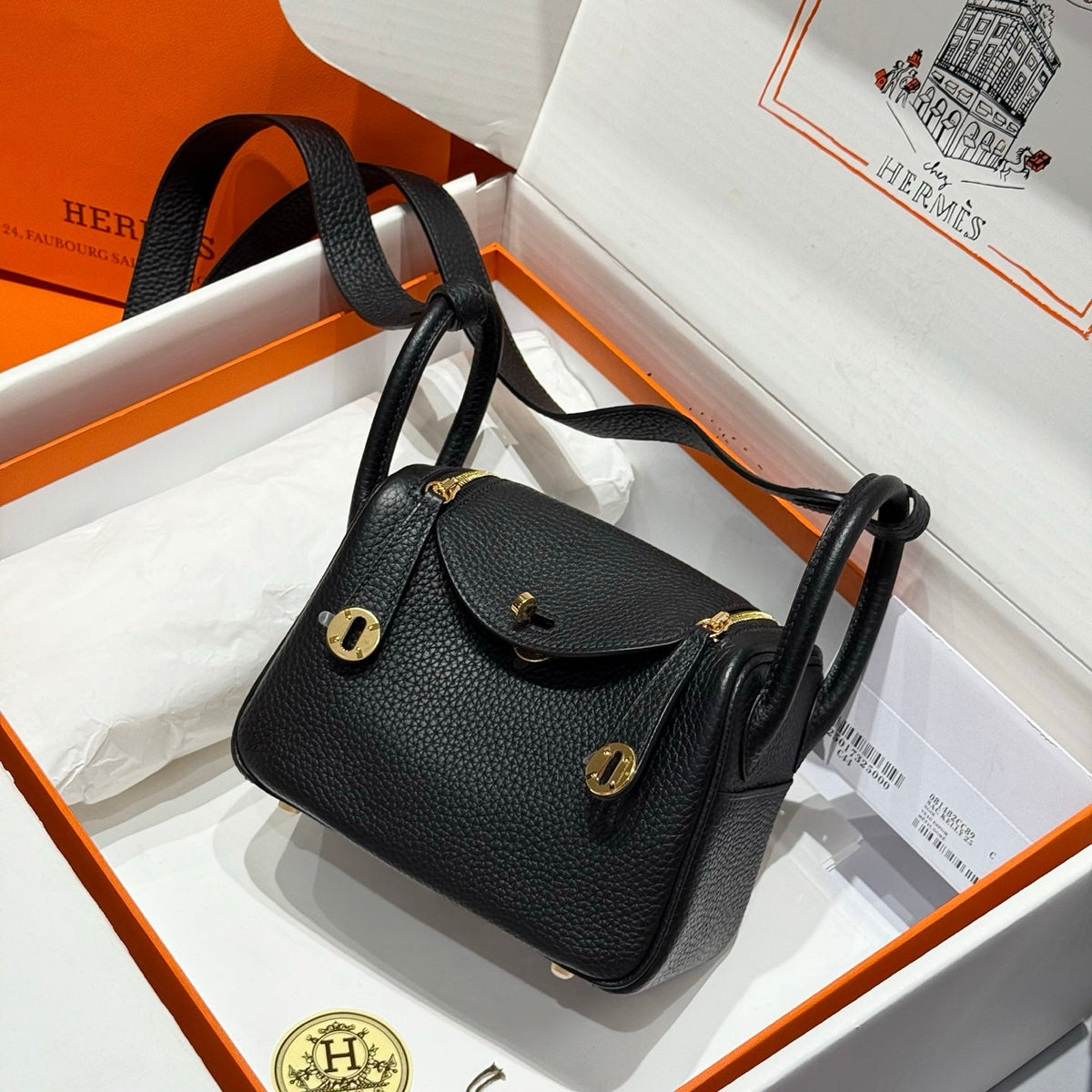 HERMES 25S MINI LINDY 19 IN BLACK CALFSKIN GOLD HARDWARE