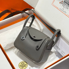 HERMES 25S MINI LINDY 19 IN CLOUD GRAY CALFSKIN SILVER HARDWARE