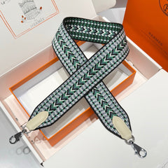 25S HERMES BAG STRAP BLACK AND GREEN PATTERN 85 IN CANVAS SILVER HARDWARE