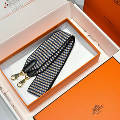 25S HERMES BAG STRAP BLUE PATTERN BORDERED BLACK 85 IN CANVAS GOLD HARDWARE