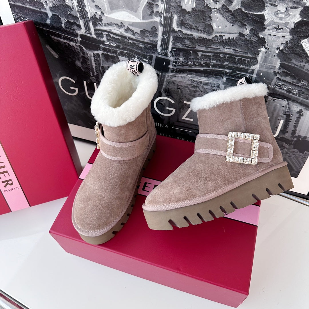 VIV' WINTER FUR STRASS BUCKLE ANKLE BOOTS IN TAUPE SUEDE