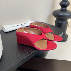 ALAIA WEDGE THONG SANDALS 25S IN RED SATIN