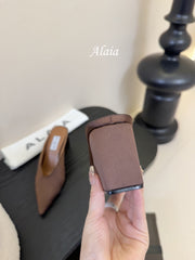 ALAIA HIGH MULES 25S IN BROWN SATIN