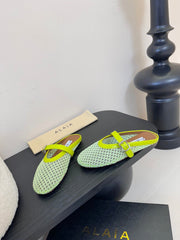 ALAIA FLAT MULES 25S IN MINT GREEN WOVEN MESH
