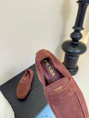 PRADA 25S SHUFFLE LOAFERS IN DARK BROWN SUEDE