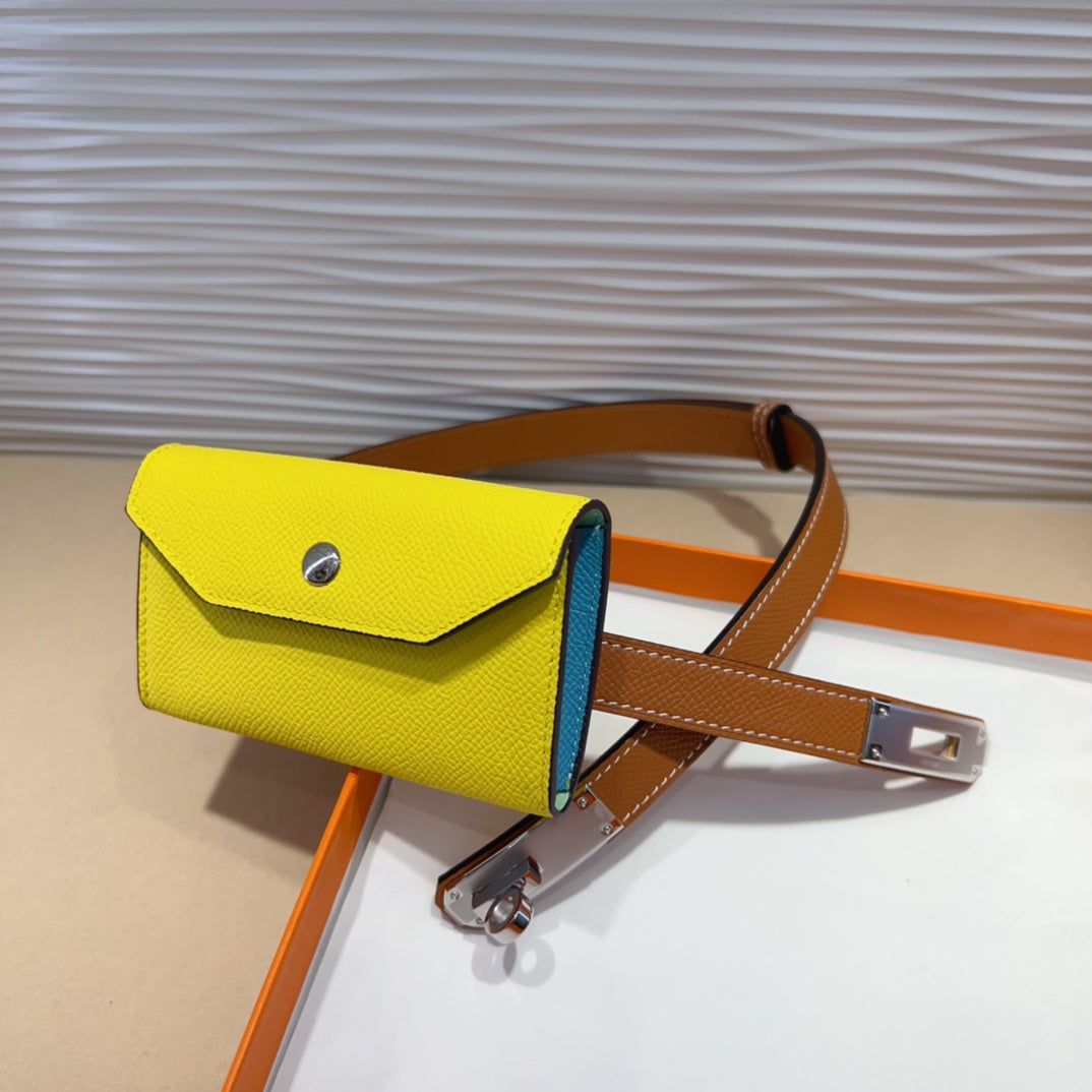 HM KELLY LEMON YELLOW POCKET 18MM BELT CINNAMON BROWN LEATHER SILVER HARDWARE