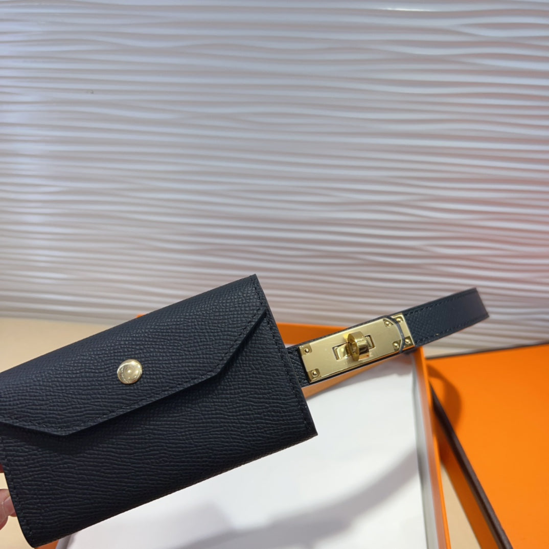 HM KELLY POCKET 18MM BELT BLACK LEATHER GOLD HARDWARE