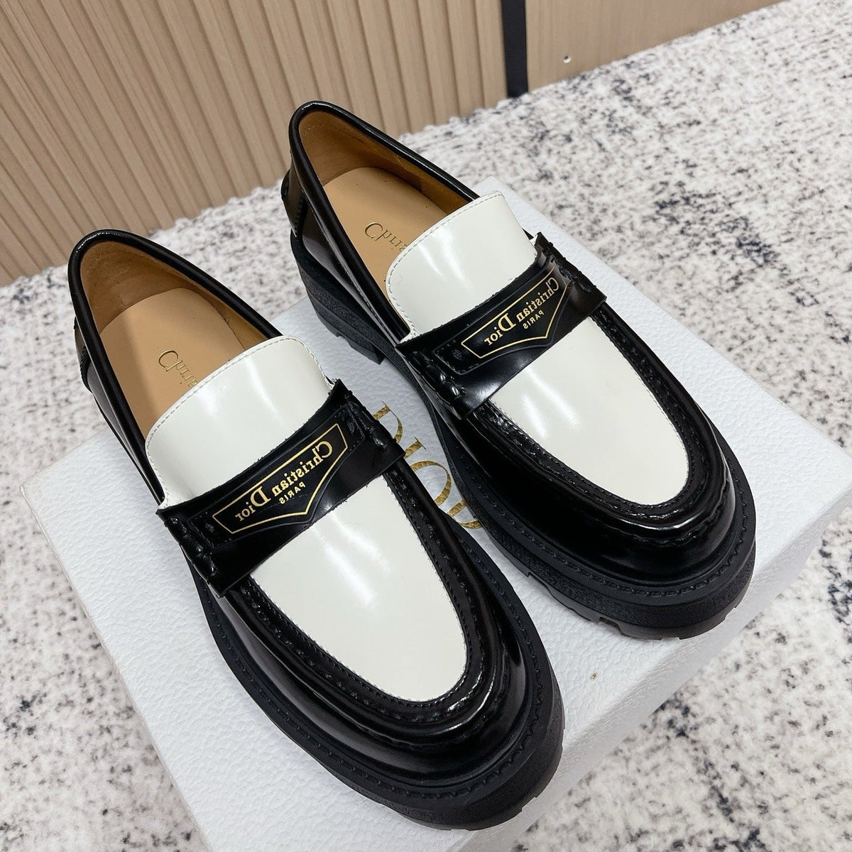 DIOR 25S BOY PLATFORM LOAFERS IN BLACK MIX WHITE CALFSKIN