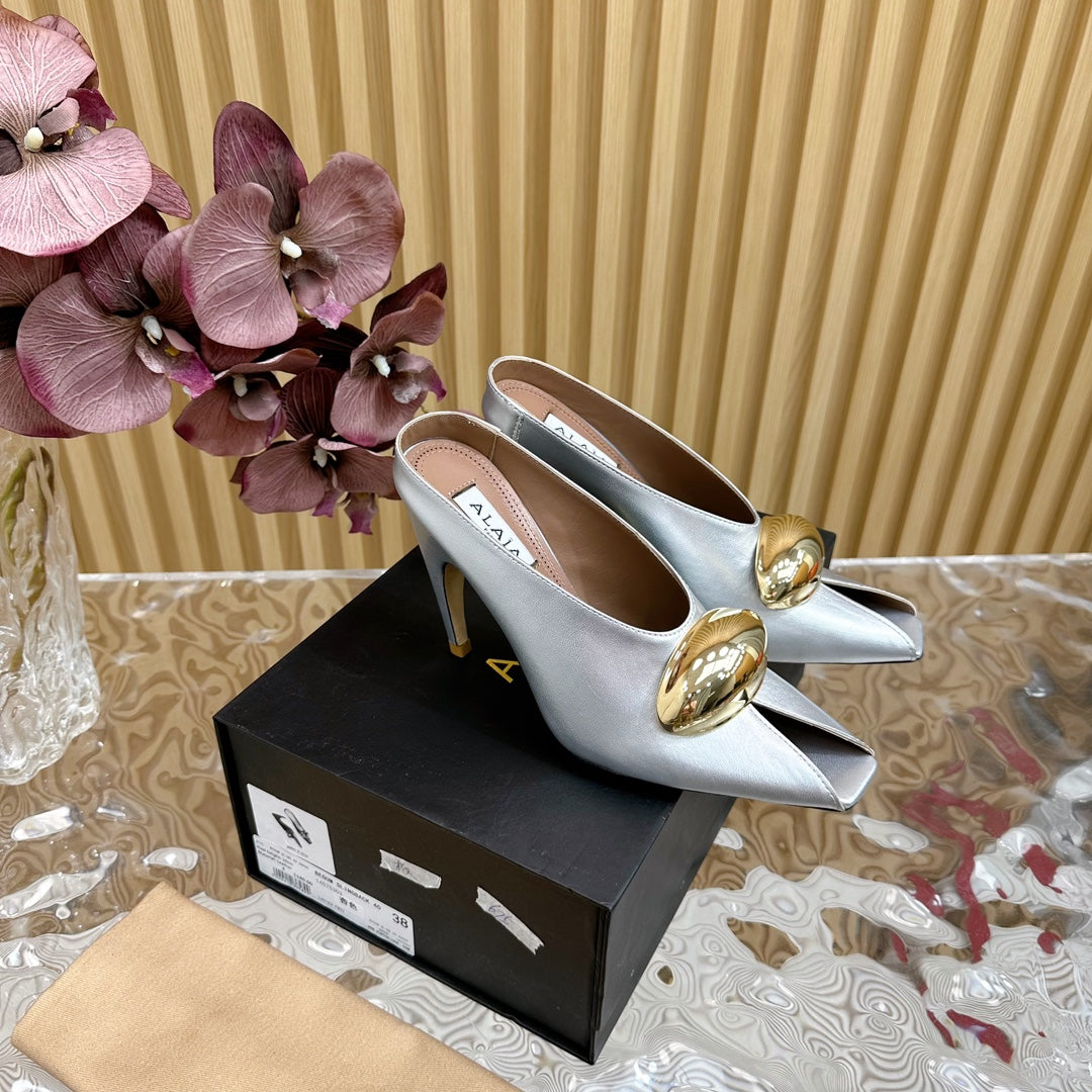 ALAIA AZZEDINE HIGH HEELS IN SILVER CALFSKIN WITH GOLD HARDWARE