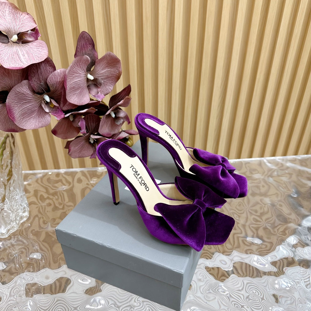 HIGH HEEL 10 MULE IN WINE PURPLE VELVET WITH BOW