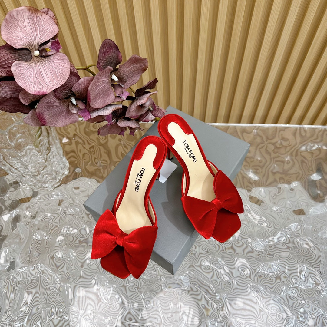 HIGH HEEL 10 MULE IN CHERRY RED VELVET WITH BOW