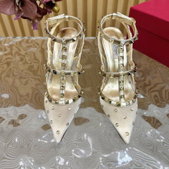 ROCKSTUD MIRROR-EFFECT PUMP WITH MATCHING STRAPS AND STUDS 95 MM GOLD CALFSKIN  AND MESH