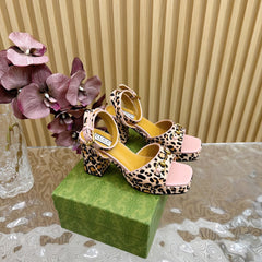 HORSEBIT HIGH-HEEL SANDAL WITH LEOPARD PRINT IN LIGHT PINK VELVET AND CALFSKIN LINING