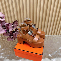 HM 25S CLASSIC WEDGE SANDALS 70 MM IN BROWN LAMBSKIN WITH SILVER HARDWARE