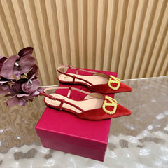 VALENTINO 25S FLAT SLINGBACKS IN RED VELVET WITH GOLD HARDWARE
