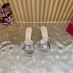 VALENTINO 25S HIGH-HEEL MULES 60 MM IN SILVER PATENT CALFSKIN WITH CRYSTAL-EMBELLISHED STRAP