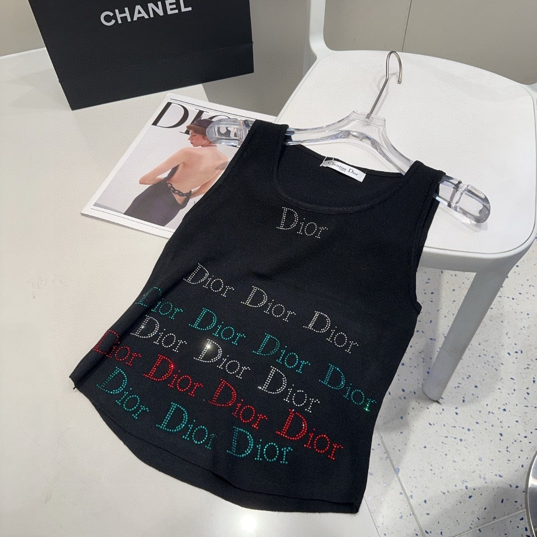 TANK TOP 624520 IN BLACK COTTON RIBBED CRYSTAL LOGO