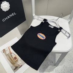 CAMISOLE 639170 IN BLACK COTTON RIBBED KNIT EMBOSSED LOGO ON STRAPS