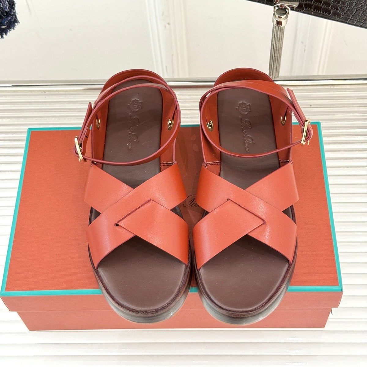 SANDALS THICK SOLE CROSS STRAP IN BURNT ORANGE AND BROWN CALFSKIN