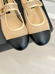 FLAT SHOES IN BEIGE MESH AND BLACK LAMBSKIN