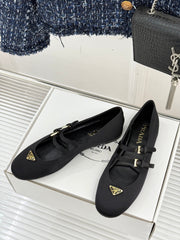 PRADA 25S DOUBLE STRAP BALLERINAS IN BLACK SATIN