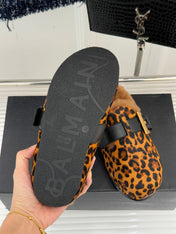 BALMAIN 26S ANTHEM MULES IN LEOPARD PRINT PONY HAIR