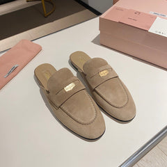 MULES SLIPPERS KHAKI COLOR SUEDE WITH GOLD COIN