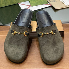GG HORSEBIT MULE IN KHAKI GREEN EMBOSSED SUEDE AND SHEEPSKIN LINING