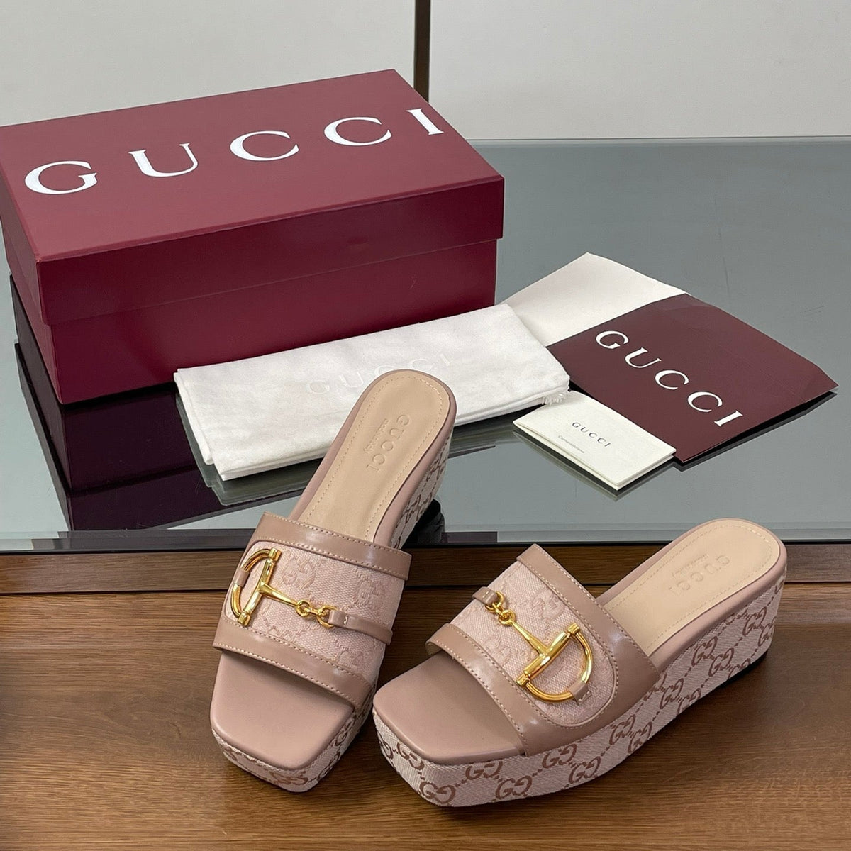 HIGH 6.3 CM WEDGE SANDALS IN DUSTY PINK CALFSKIN AND FABRIC