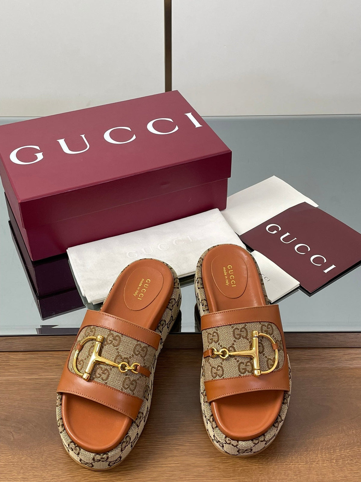 HIGH 5.5 CM WEDGE SANDALS IN BURNT BROWN MIX BEIGE CALFSKIN AND FABRIC