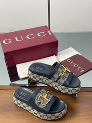 HIGH 5.5 CM WEDGE SANDALS IN BLACK AND BEIGE CALFSKIN AND FABRIC