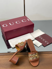 HIGH HEEL MULE 5.5 CM IN BROWN CALFSKIN MIX FABRIC AND GOLD HARDWARE