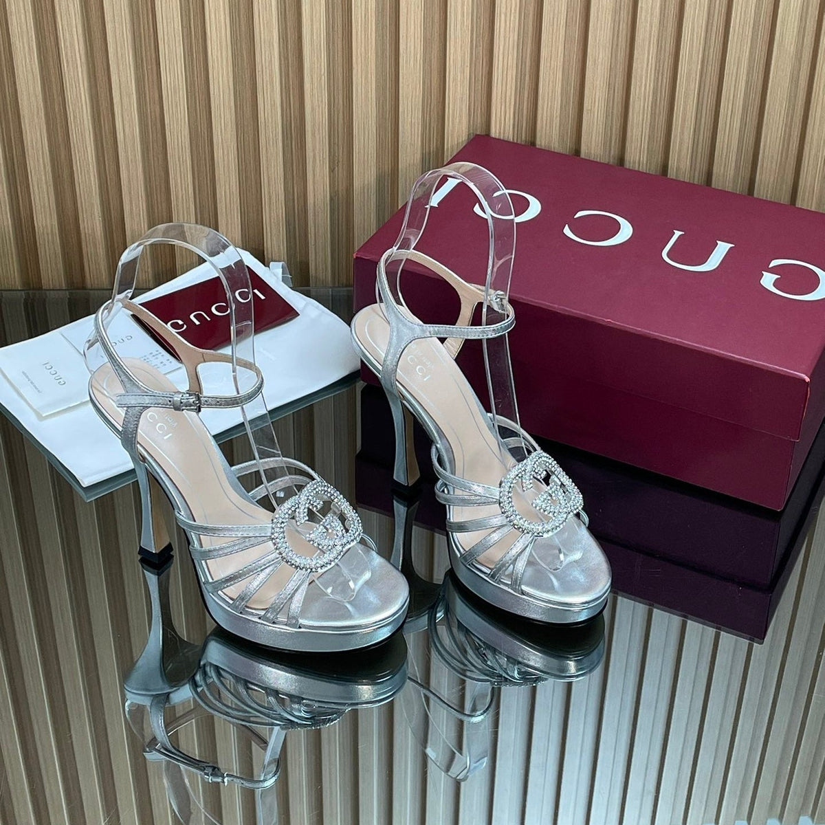GUCCI 26S HIGH-HEELED SANDALS 125 MM IN SILVER CALFSKIN