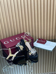 GUCCI 26S HIGH-HEELED SANDALS 125 MM IN BLACK SATIN AND GOLD CALFSKIN