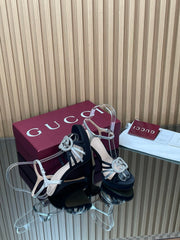 GUCCI 26S HIGH-HEELED SANDALS 125 MM IN BLACK SATIN AND SILVER CALFSKIN