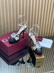 GUCCI 26S HIGH-HEELED SANDALS 125 MM IN BLACK SATIN AND SILVER CALFSKIN