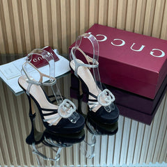 GUCCI 26S HIGH-HEELED SANDALS 125 MM IN BLACK SATIN AND SILVER CALFSKIN
