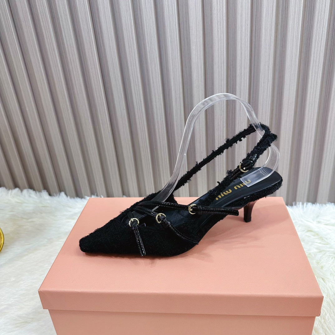 CROSS STRAP HIGH HEELED SLINGBACK IN BLACK TWEED