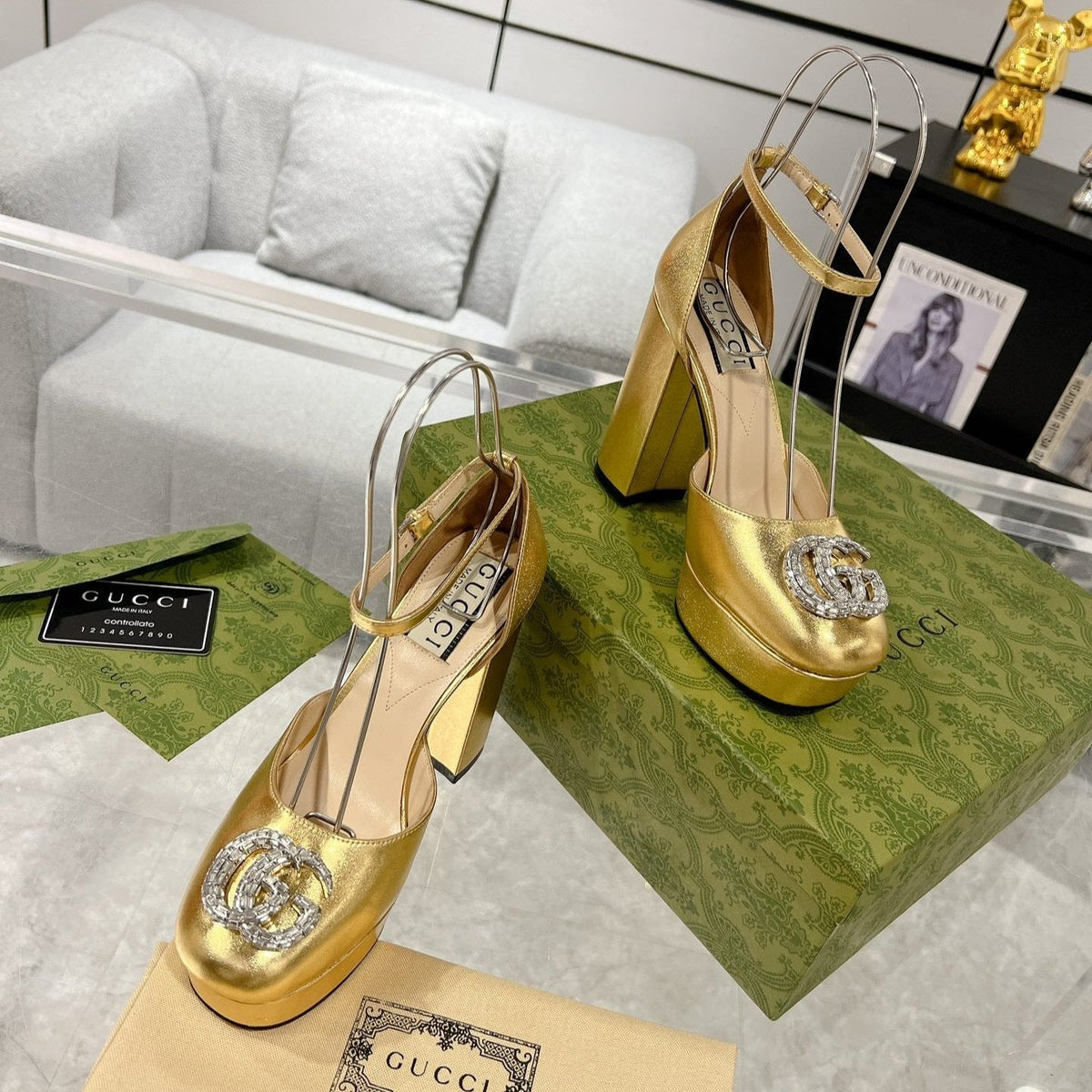 HIGH SANDAL SQUARE HEEL 12 CM IN GOLD CALFSKIN