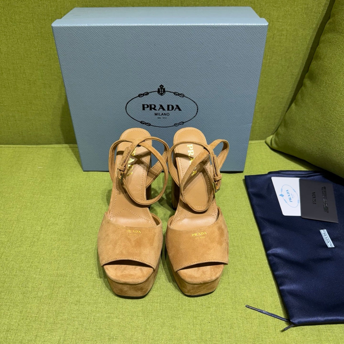 PRADA 25S HIGH-HEEL SANDALS 140 MM IN CARAMEL BROWN SUEDE STYLE 6