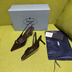 PRADA 25S SLINGBACK HIGH HEELS 75 MM IN DARK RED BROWN GLOSSY CALFSKIN