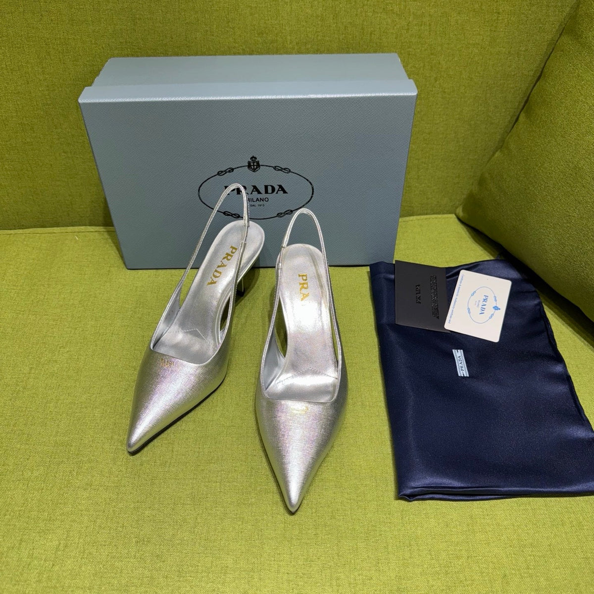 PRADA 25S SLINGBACK HIGH HEELS 75 MM IN SILVER SHEEPSKIN